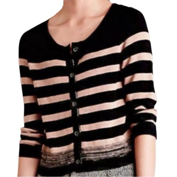 $129 Anthropologie Smooth Back Cardigan Large 10 12 Green White Striped Sweater - Picture 5 of 14